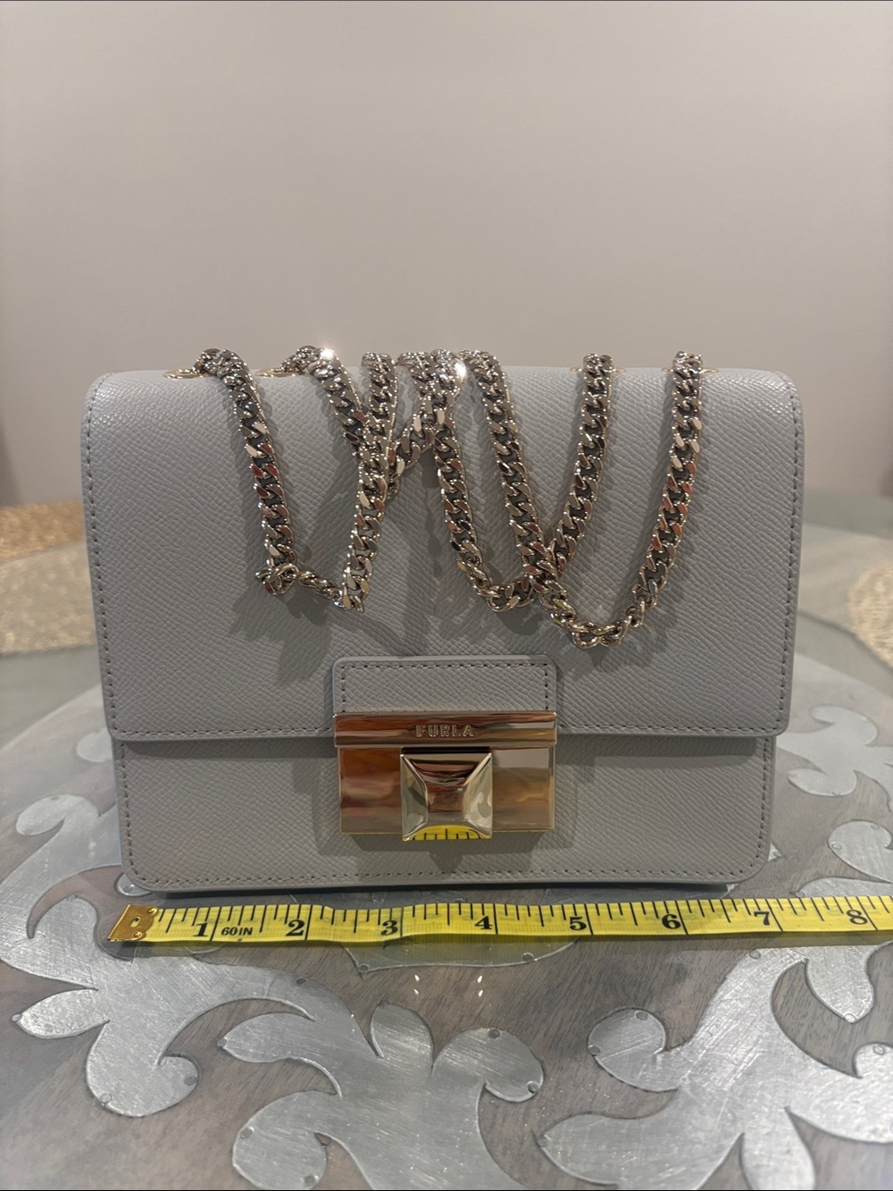 New Furla Light Gray Saffiano Leather Crossbody with Gold Chain/hardware & dusty